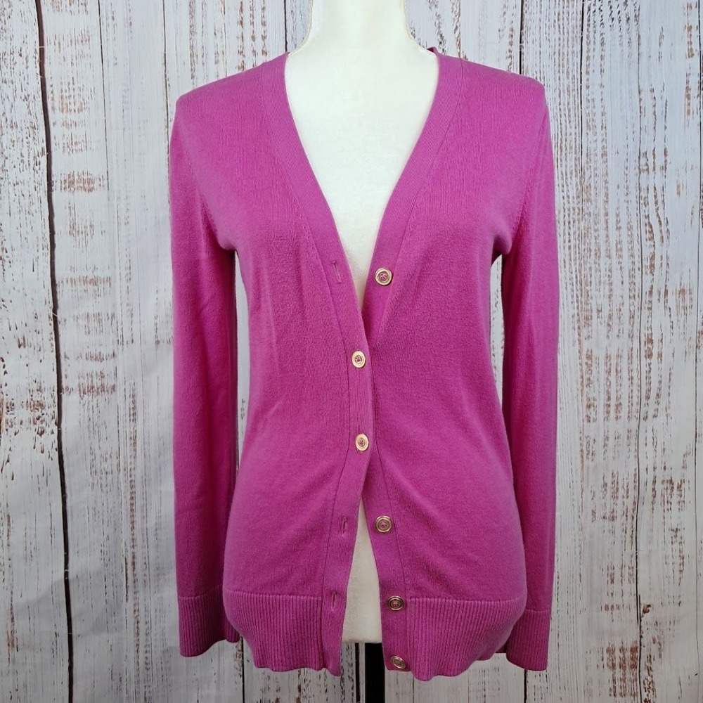 Banana Republic S Magenta Pink & Grey Striped Back V-Neck Cardigan Gold Buttons - Picture 3 of 6